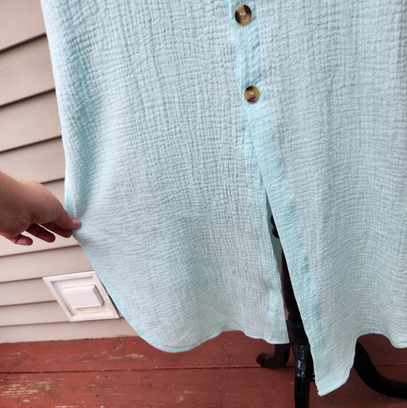 Mint Green Long Dress Muslin Style Button-Up Dolman Short Sleeves - Picture 6 of 12